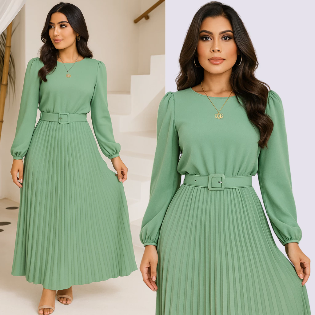 Vestido Evangélico Forrado Manga Longa Plissado Com Cinto Duna — imagem 1