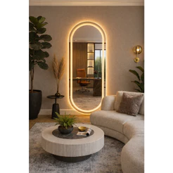 Espelho Oval EL07 Corpo Inteiro 150cm x 60cm Polido LED Jateado Luz Branca e Luz Amarela Sala Quarto Banheiro
