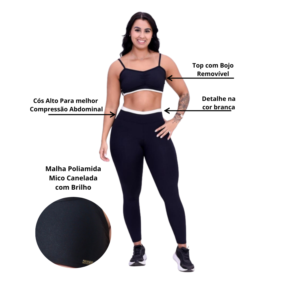 Conjunto Feminino Preto Academia Suplex Poliamida Zero Transparência Exercícios Treino Conforto