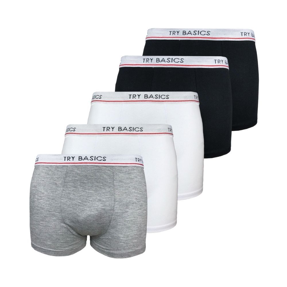 Kit 5 Cuecas Boxer Infantil Box Algodão Cotton New Basic Conforto Branca Preta e Cinza Promoção