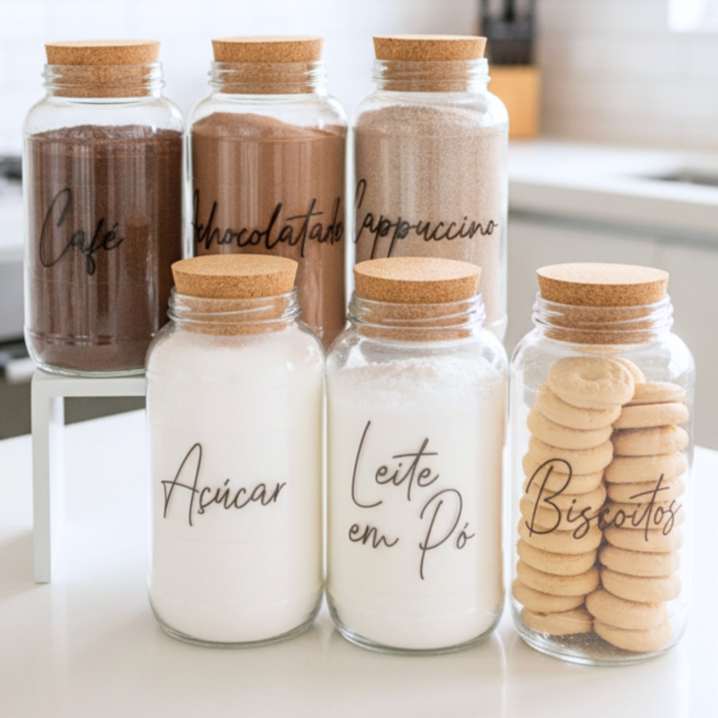 Cantinho do Café - ESCOLHA SEU KIT - Potes de Vidro 810ml Tampa de Cortiça com ou sem Adesivos | Armazenamento Variações em Oferta na Shopee