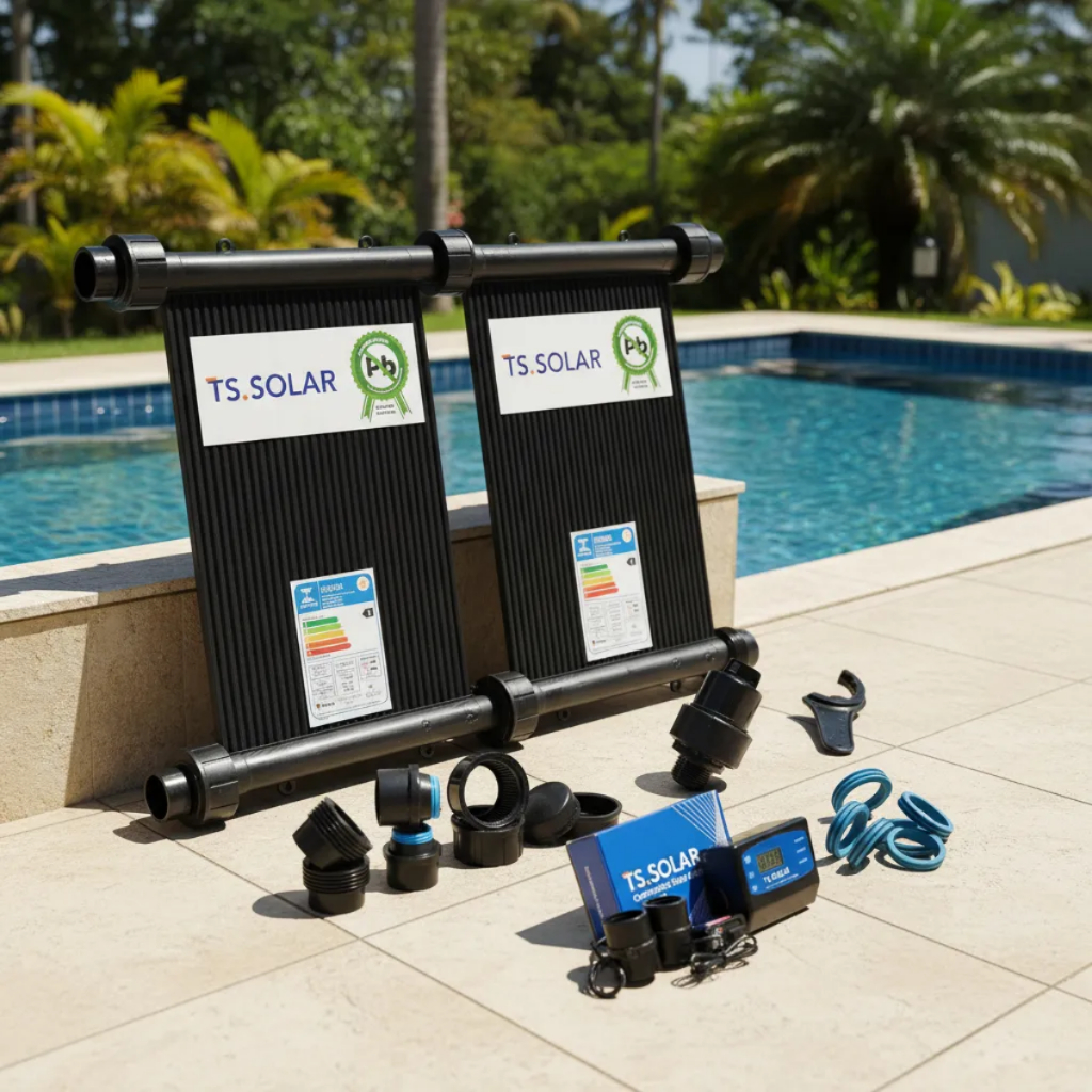 Kit Aquecimento Solar Piscina 6.000L TS Solar 5 Placas 3m Kit Instalação + Controlador + Válvula