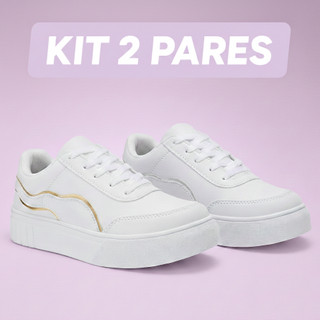 Kit 2 Pares Tenis Feminino Branco Plataforma Casual Dia a Dia Super Confortavel Acolchoado Macio
