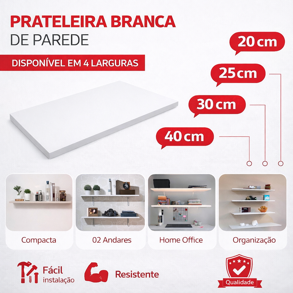 Prateleira Lisa Branca / Preto MDF - MDP 1.5 cm Espessura Largura 20 - 25 - 30 - 40 cm em Oferta na Shopee