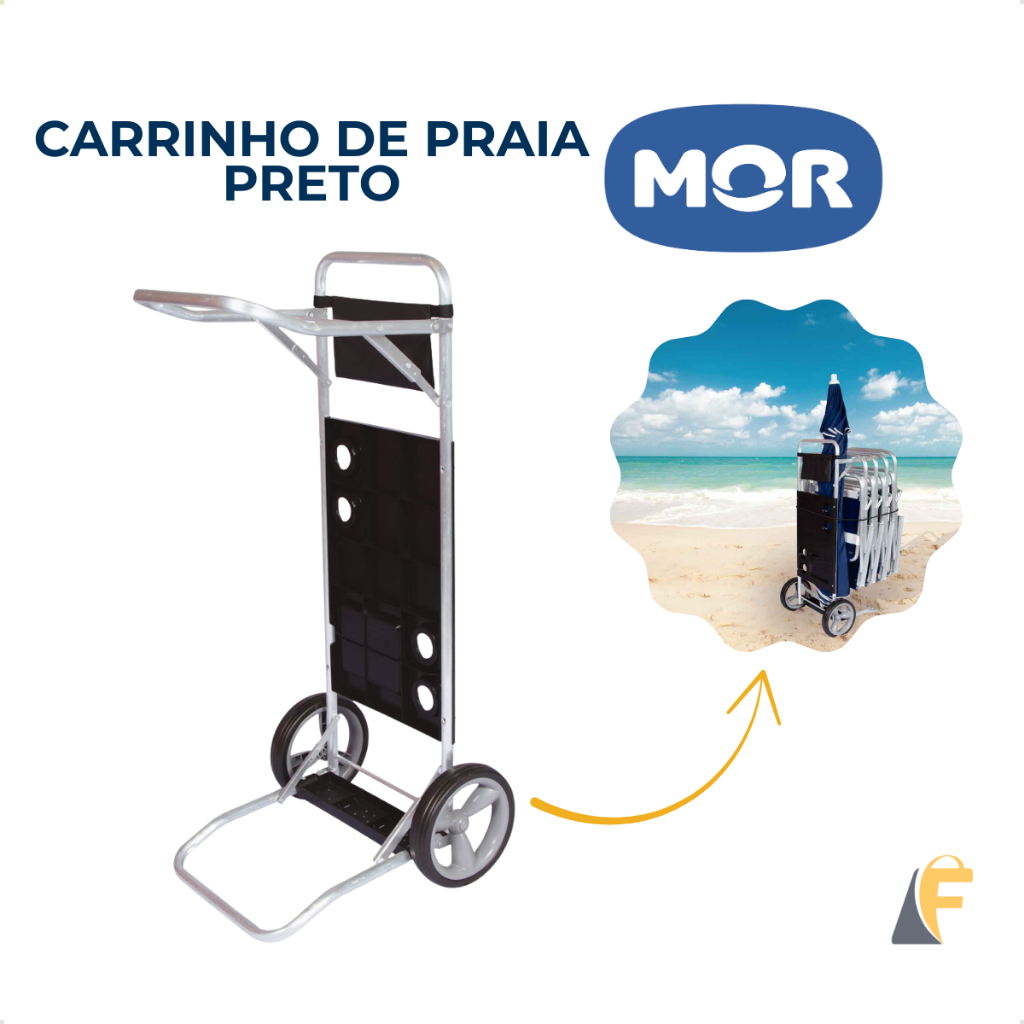 Carrinho de Praia Mor Dobrável Preto com Rodas para Cadeiras e Guarda-sol