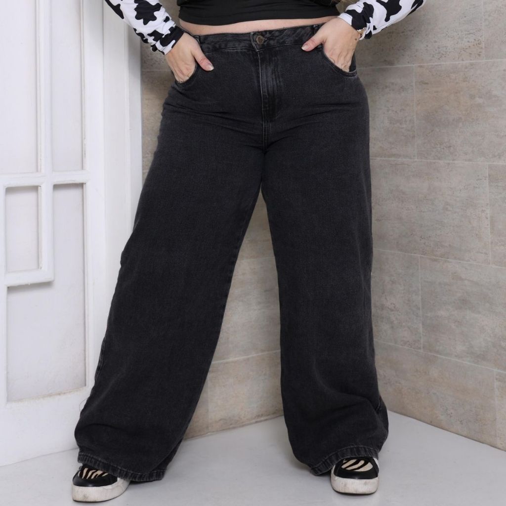 Calça Wide Leg Plus size jeans feminina 46 ao 56 pantalona cintura alta tecido grosso 100% algodão