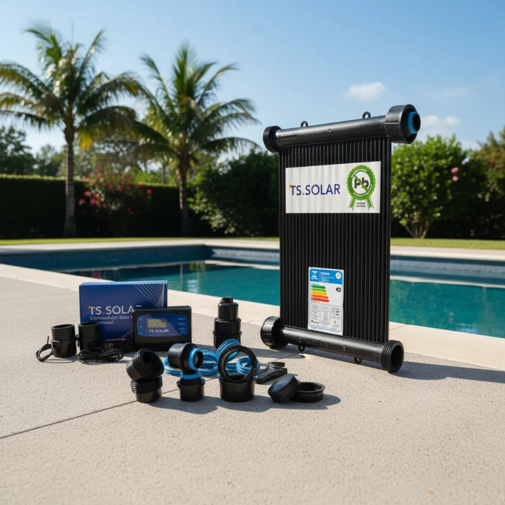 Aquecedor Solar Piscina TS Solar Kit 5 Placas 3m + Controlador + Válvula VQV + Kit Instalação