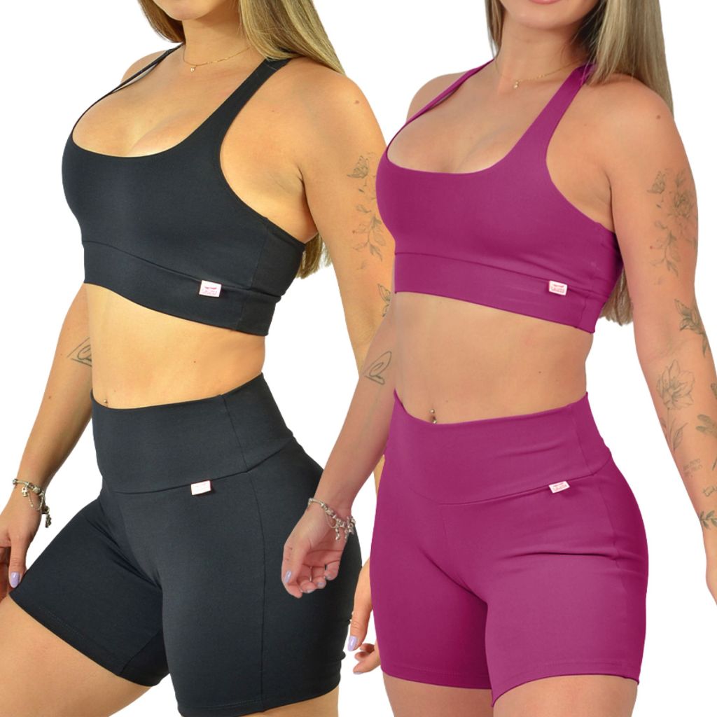 Kit 2 Conjuntos Fitness de Poliamida Suplex Shorts Meia Coxa Cintura Alta e Top Nadador Academia