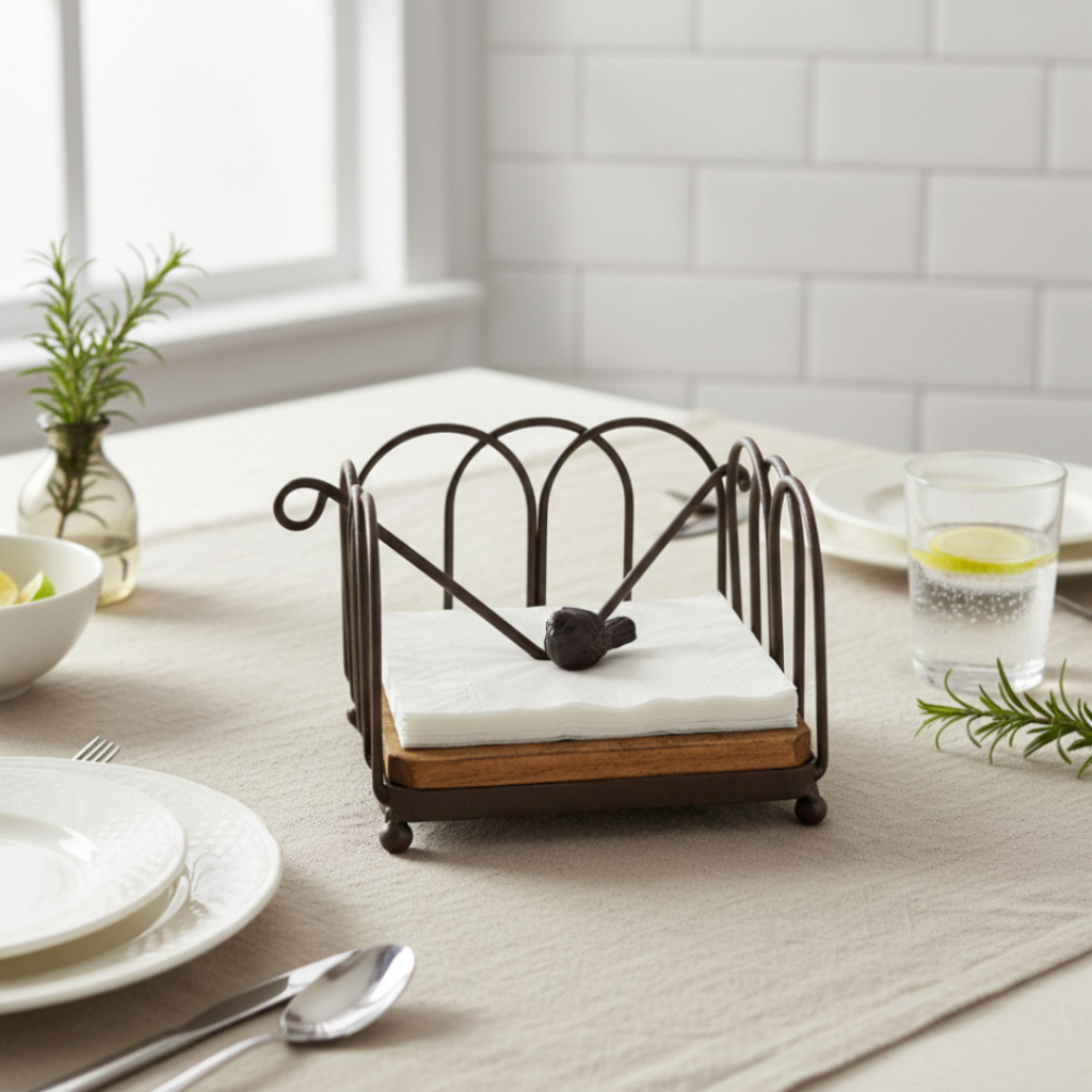 Porta Guardanapo Quadrado Pequeno com Passarinho em Ferro Marrom Decoração para Mesa Farmhouse — imagem 2 de 2