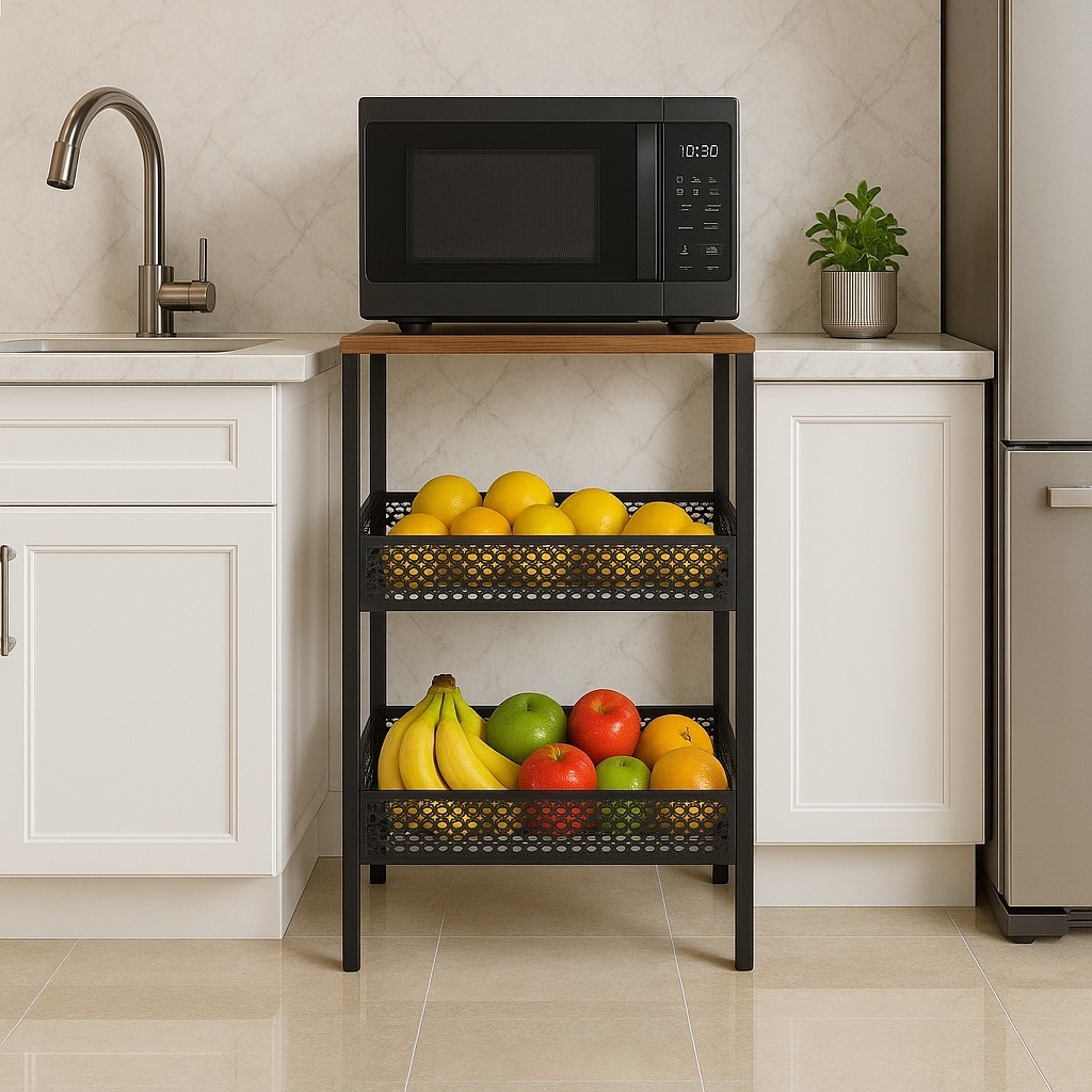 Fruteira De chão cozinha Linha Luxo Moderna De Aço Com Tampo Madeira Mdf QUEIMA DE ESTOQUE