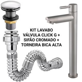 Kit Torneira Alta Metal Bancada Banheiro Lavabo + Válvula Comum ou Click + Sifão Cromado Universal em Oferta na Shopee