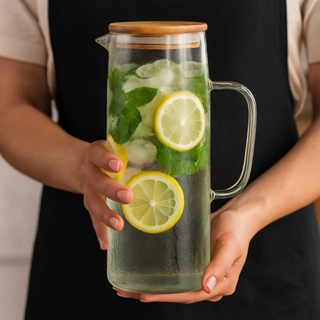 Jarra De Vidro E Chaleira Elegante Com Tampa De Bambu Mesa Posta Lehavi em Oferta na Shopee