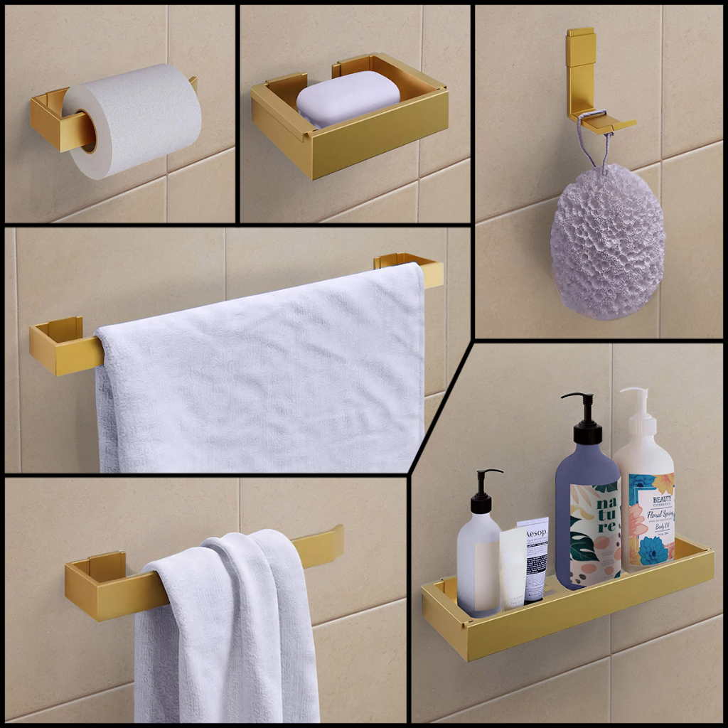 Kit Completo Assessórios Para Banheiro 6 Peças Dourado Toalheiro Saboneteira Porta Shampoo