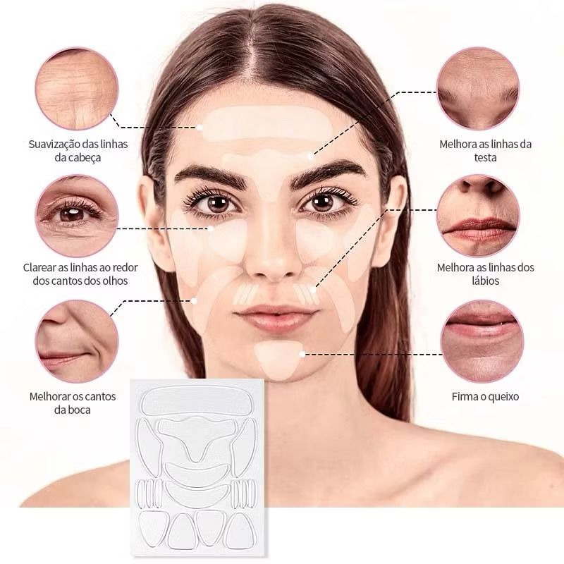 Kit Adesivo Facial 16 Pçs em Silicone Anti-Rugas Reutilizável Efeito Lifting Para Reduzir e Prevenir Rugas Auto Cuidados