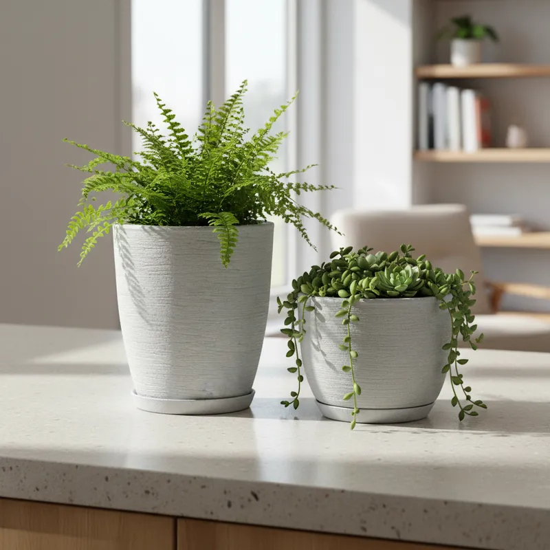 Vasos para Plantas Cone Bojo Grafiato Escovado Texturizado com Prato em Polietileno