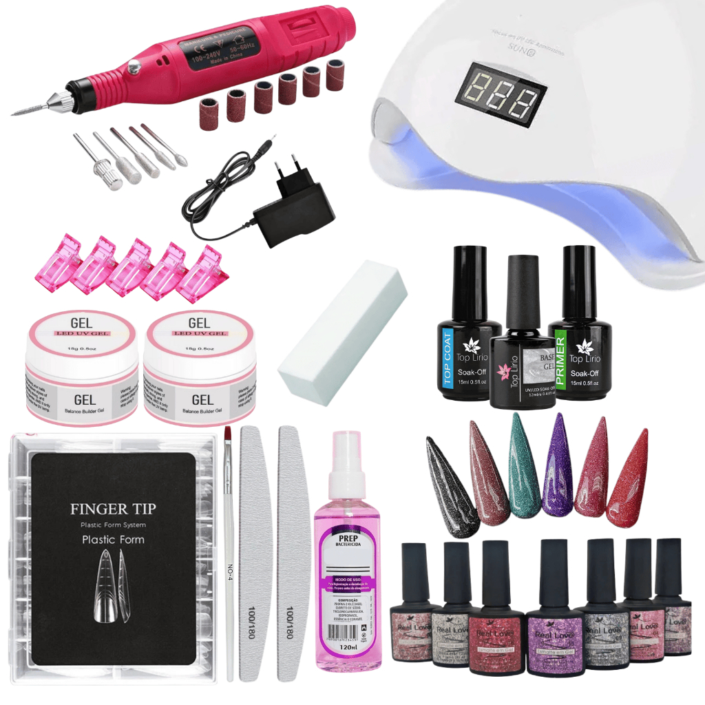 Kit Unhas de Gel Tips Molde F1 Cabine Sun 5 LED UV 48w Digital Lixadeira Elétrica Caneta 20.000 RPM