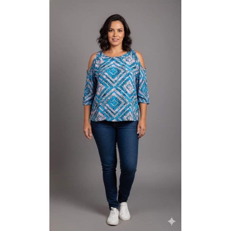 Blusa Bata Manga 3/4 Feminina Geometric Bloom Cold Shoulder Colorida Azul Tam. G