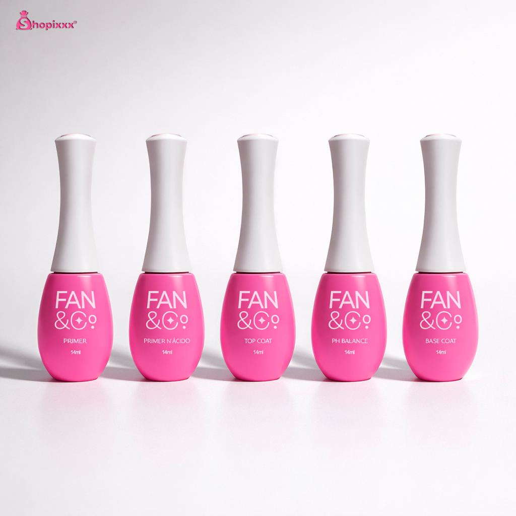 Kit 5 Preparadores Fan Linha Completa Top coat , Primer , PH , Base Coat, Primer N'acido 14ml Unhas Gel Fibra