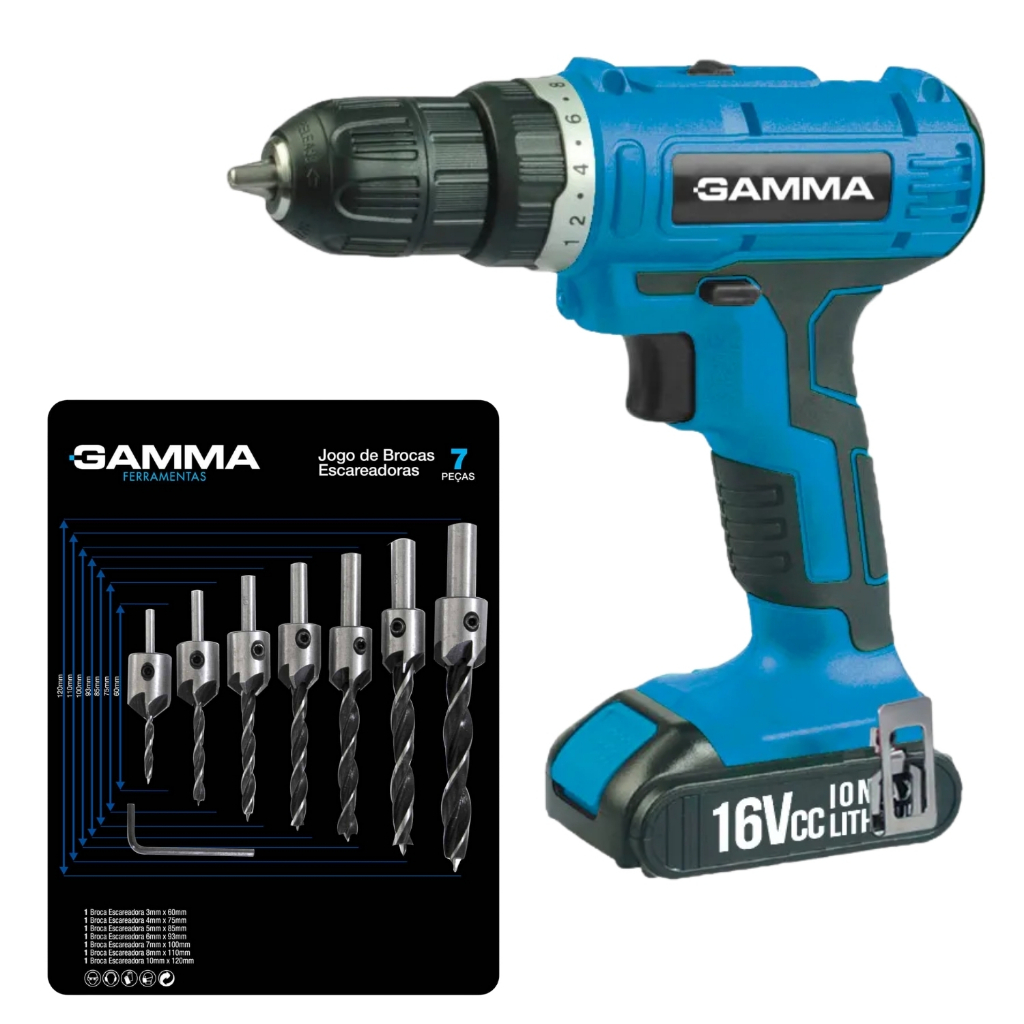 Furadeira Parafusadeira 16V Lithium Gamma + Kit Escareador com 7 Peças Profissional