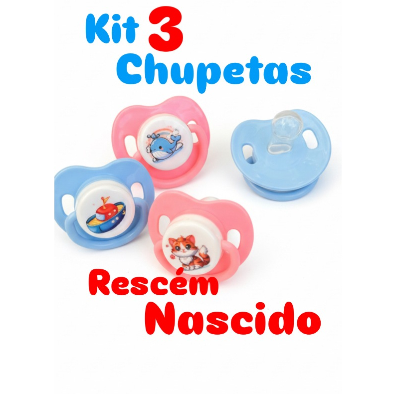 kit 3 Chupetas baratinha Recen Nascido RN Bico Silicone Orto ou Redondo