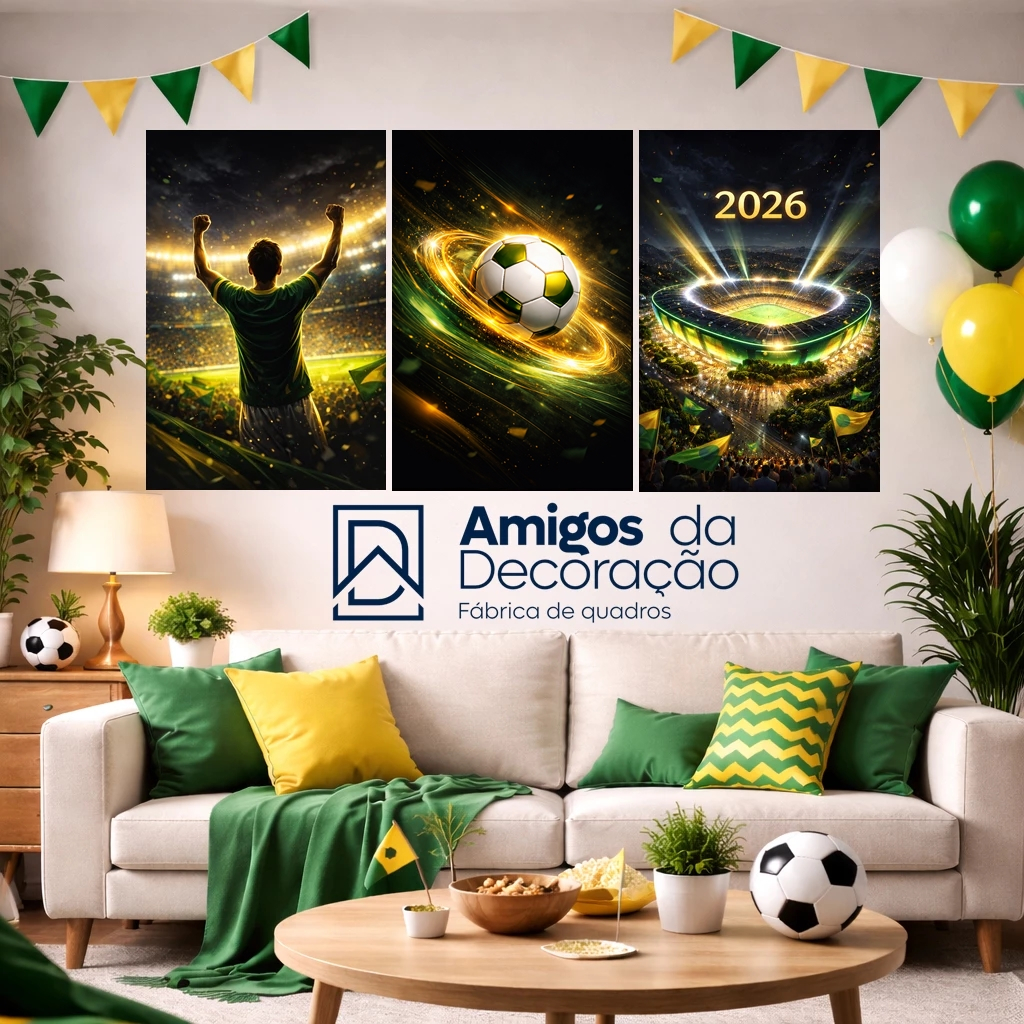 Kit 3 Quadros Decorativos Copa do Mundo 2026 Futebol Moderno Sala Quarto Área Gourmet Decoração Esportiva MDF Brasil
