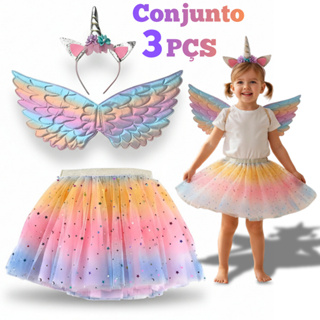 Fantasia de Carnaval Infantil Unicórnio Kit 3 Peças Vestido Saia Asa Tiara Festas Bloquinhos Meninas em Oferta na Shopee