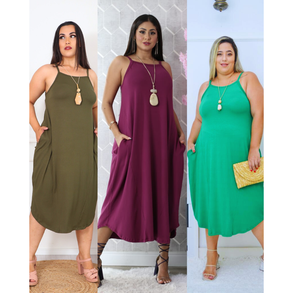 Vestido Maxi Saruel alça com bolso plus size viscolycra confort