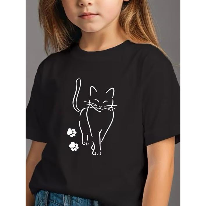 Camiseta Infantil Gatinho 100% Algodão Menina 2 A 14 Anos Camiseta Feminina Preta Estampada