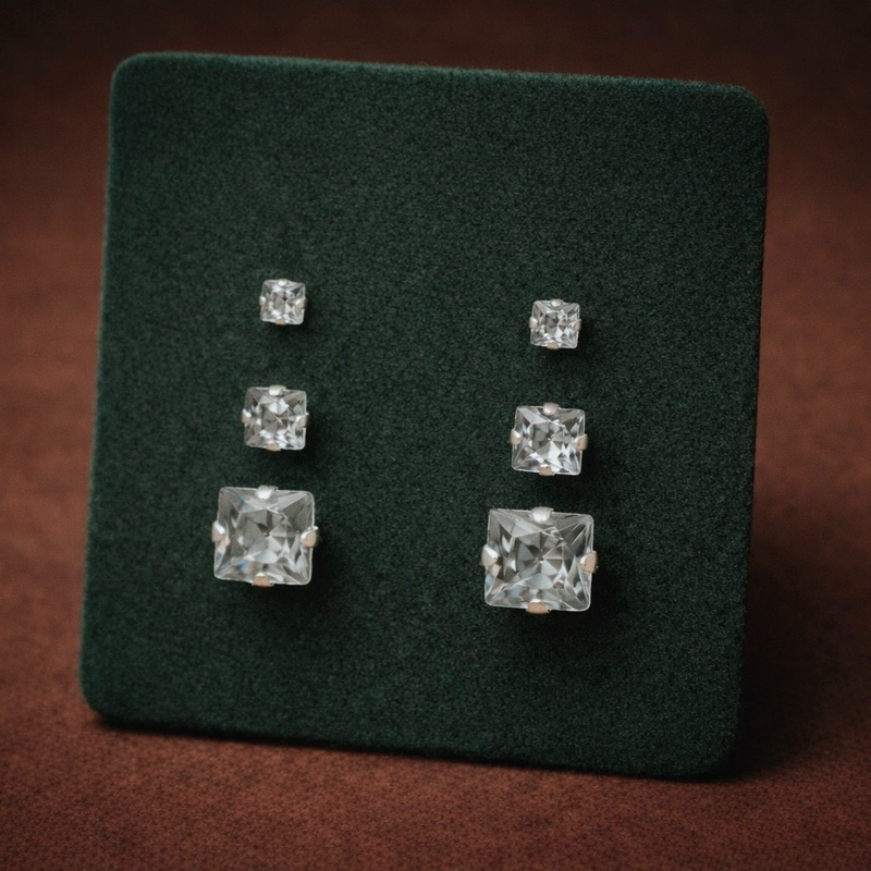 Trio de Brincos Zircônia Quadrada Azul Gelo em Prata 925 Joias Femininas Delicadas