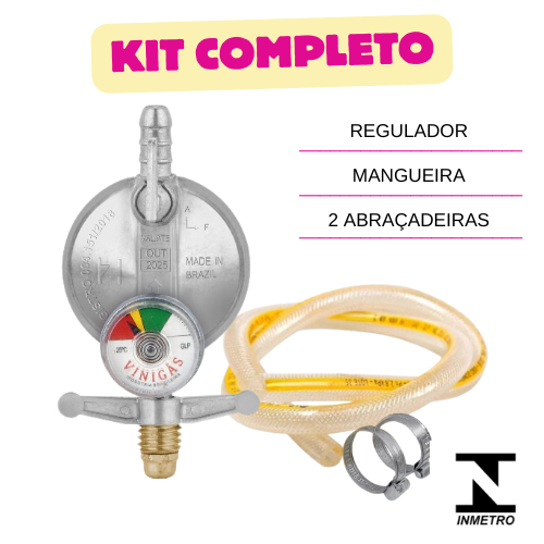 Registro Regulador Com Manometro Visor Gás de Cozinha para Botijão P13 Mangueira + abraçadeiras