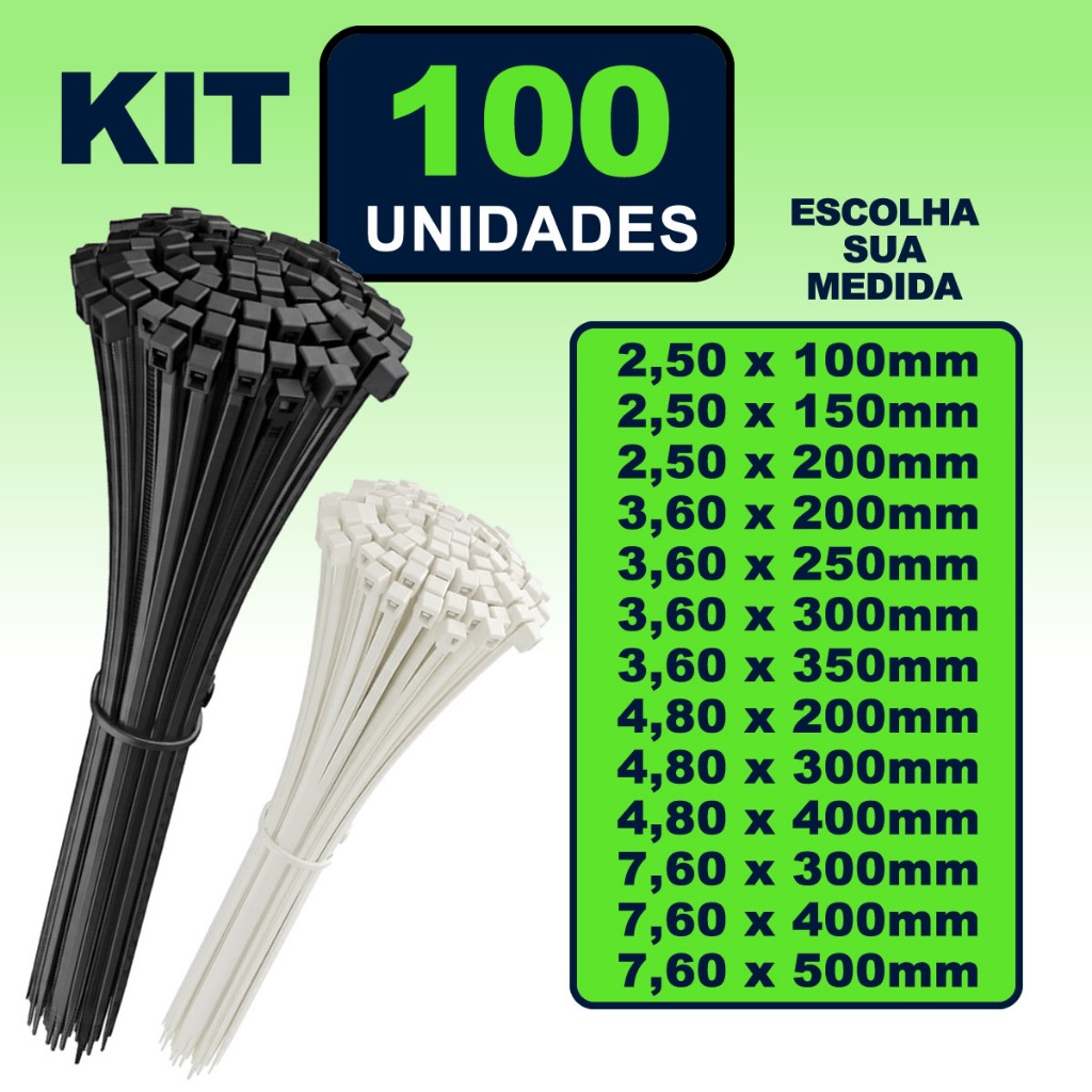 Kit 100 Abraçadeiras Cinta Nylon Plástica Presilha Enforca Gato Hellerman Branco Preto Várias Medidas