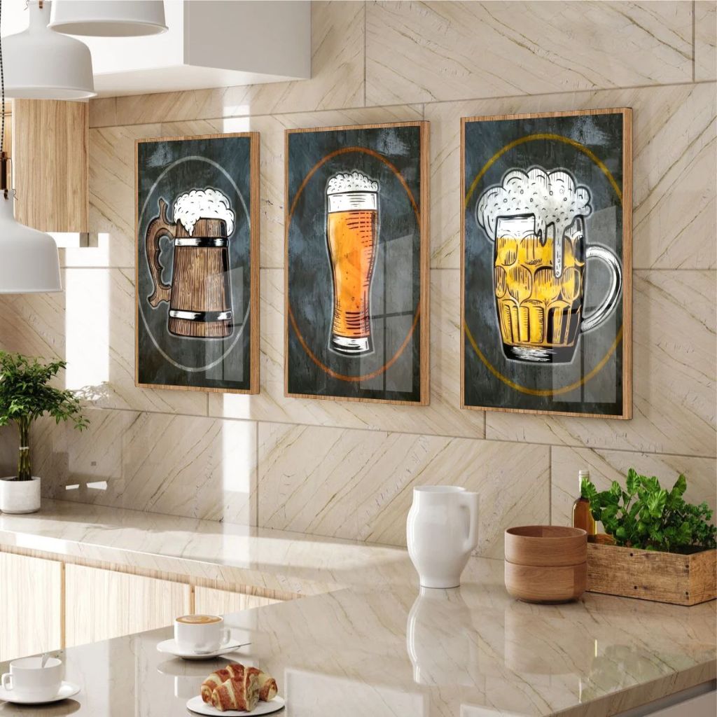 Quadro Moldura e Vidro Kit Três Peças Caneca Chop Cerveja Decoração Cozinha Área Goumet