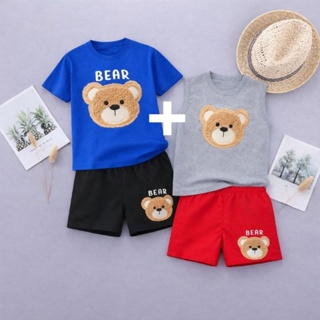 Conjunto 2 peças de roupas para criança menino infantil camiseta regata bermuda shorts com estampa de urso masculino em Oferta na Shopee