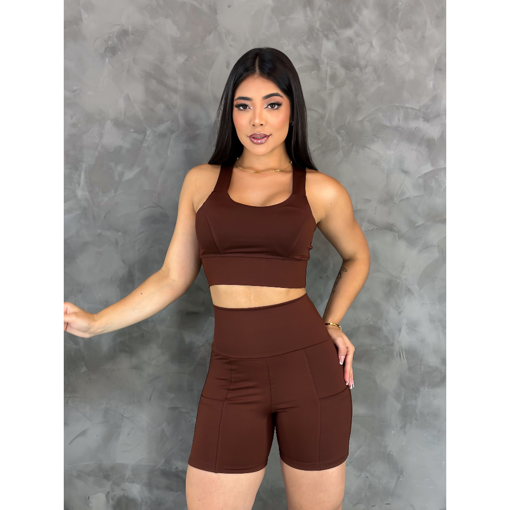 Conjunto De Academia Feminino Top com Bojo + Short Cintura Alta com Bolsos Suplex Zero Transparência