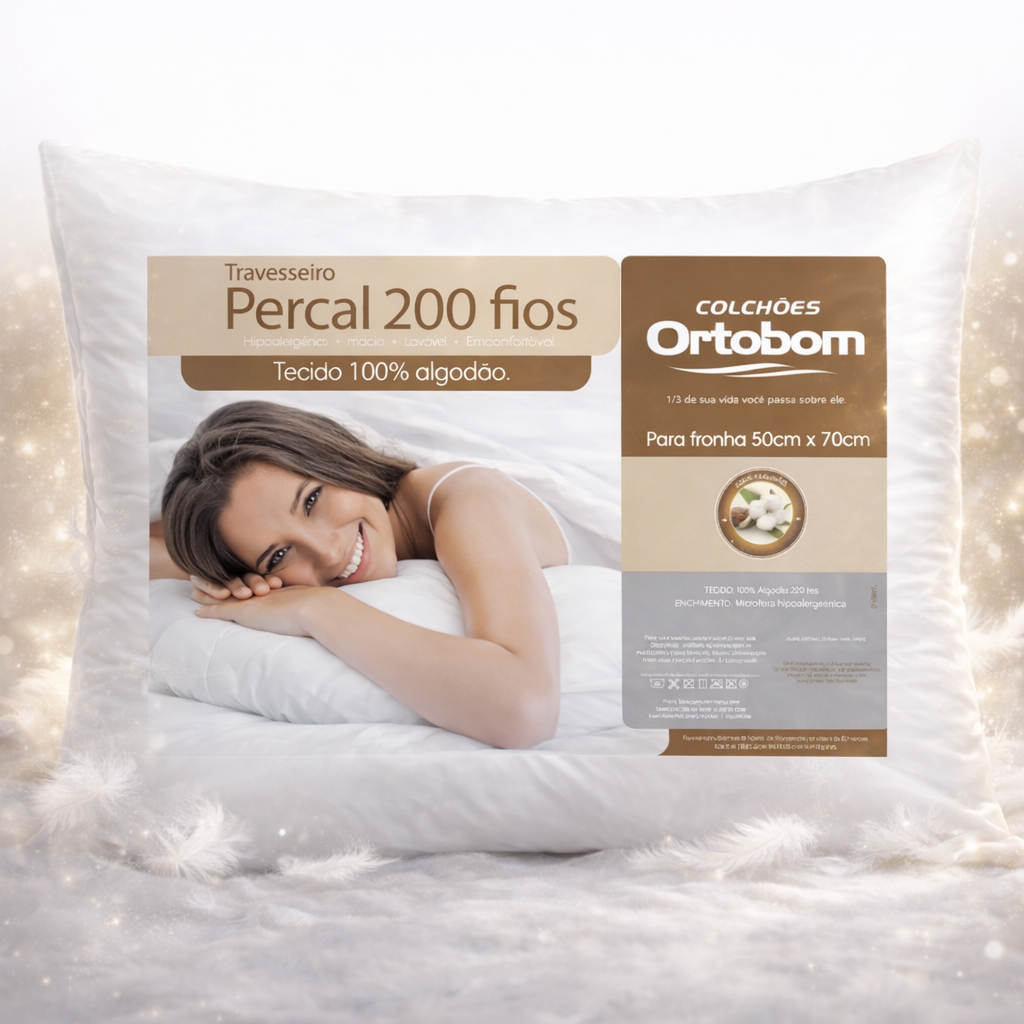 Travesseiro Ortobom 200 Fios Perfil Alto Super Macio Antialérgico 50x70cm Algodão Original em Oferta na Shopee