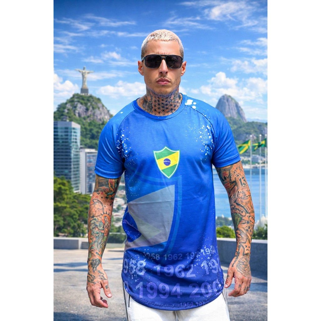 Camiseta Longline Brasil Masculina – Estampa Sublimada – Poliéster com Elastano – Conforto Premium