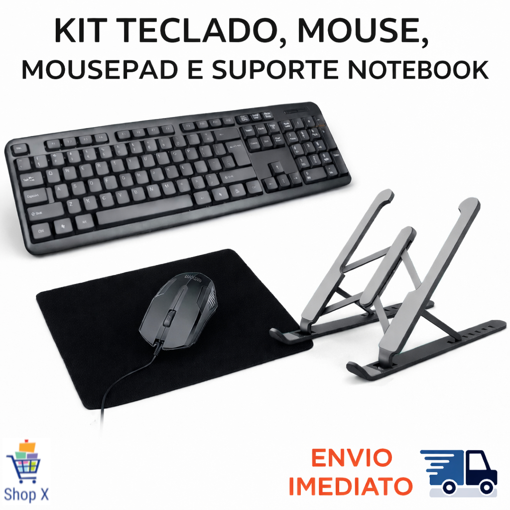 Kit Home Office Teclado + Suporte Notebook + Mouse e Mousepad Confortável em Oferta na Shopee