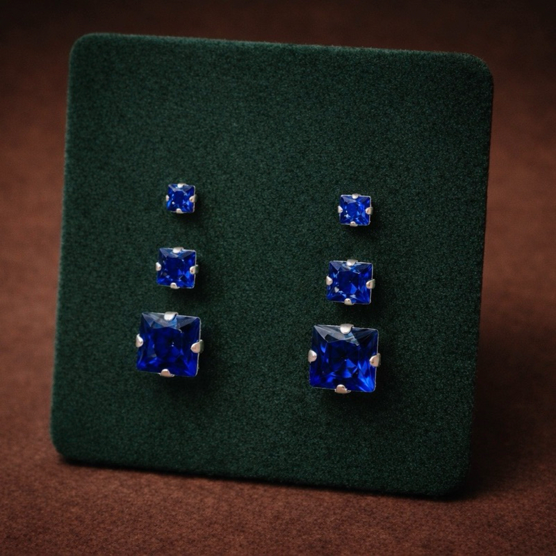 Trio de Brincos Zircônia Quadrada Azul em Prata 925 Brilhantes e Modernos