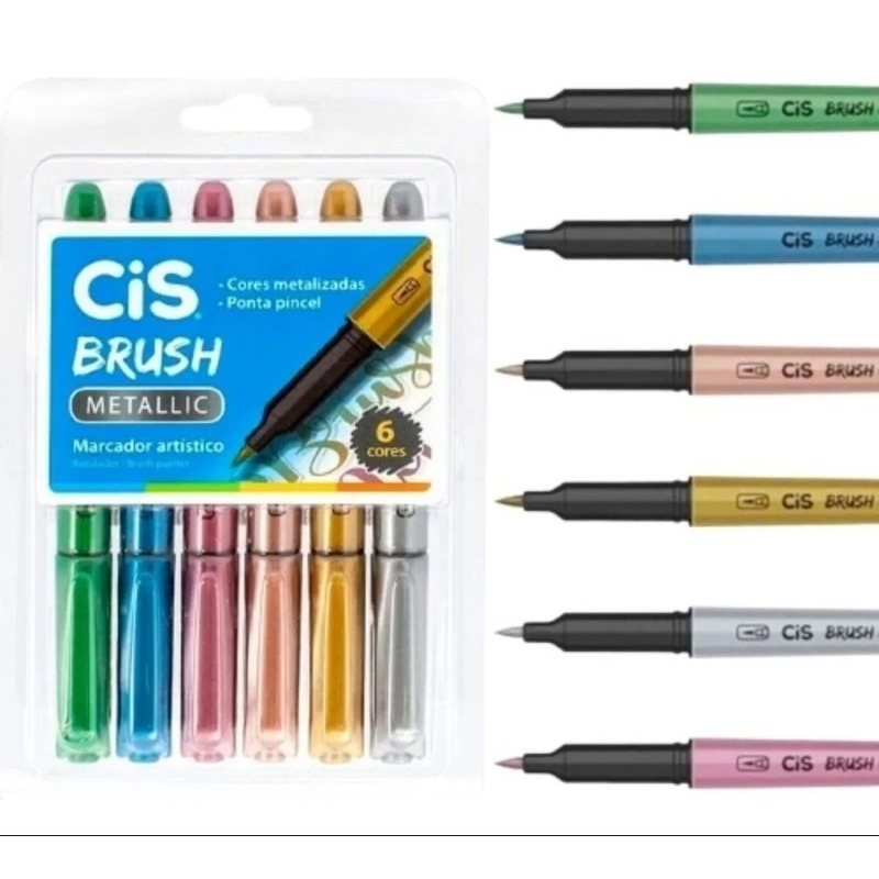Kit Canetas Brush Metálicas CIS Metallic – 6 Cores | Ponta Pincel para Lettering, Desenho e Artes em Oferta na Shopee