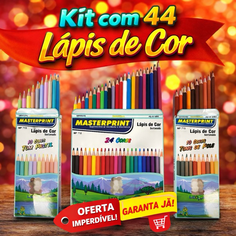 Kit 44 Lápis de Cor (24 CORES + 10 Cores Tom Pastel +10 Cores Tons de Pele) Escolar Sextavado