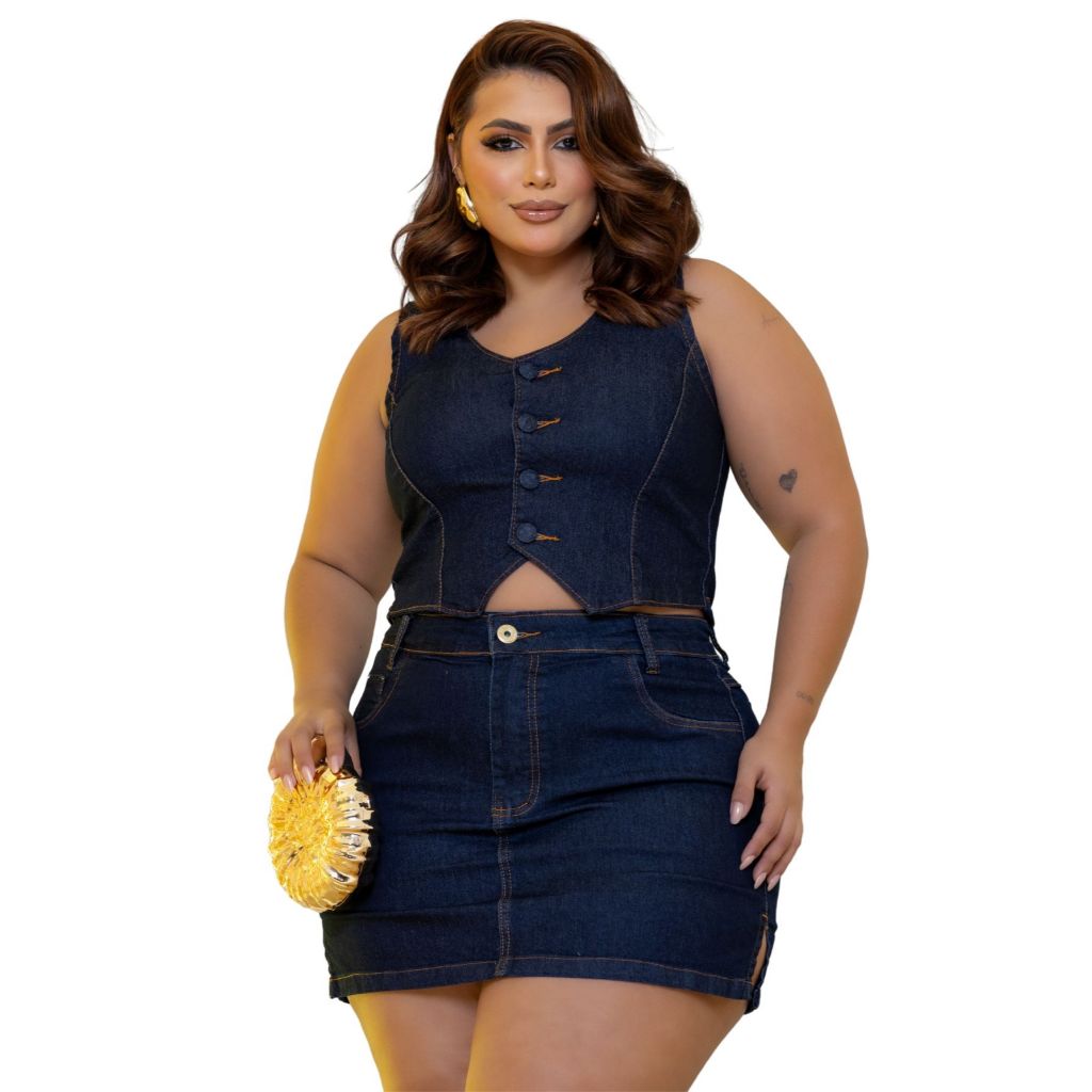 Conjunto Jeans Plus Size Saia Short por Baixo e Colete com e Sem Lycra em Oferta na Shopee