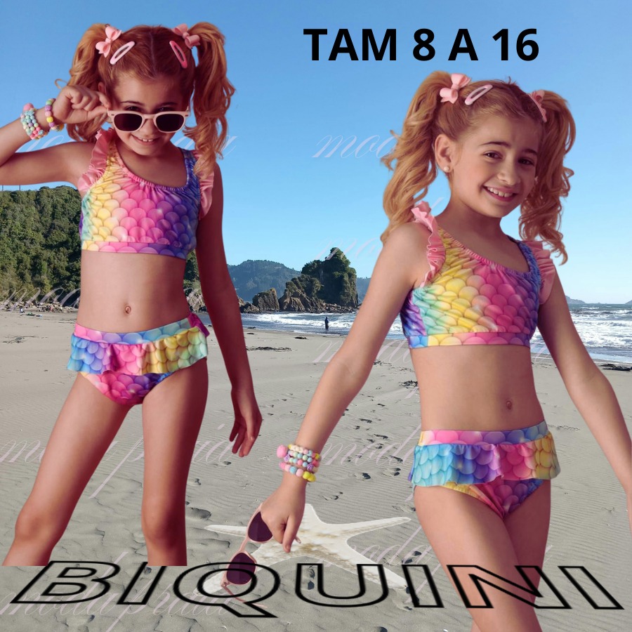 Conjunto Biquíni Infantil Juvenil Moda Feminino  ESTAMPADO  com Top Babado Moda Praia Piscina 6 ao 16