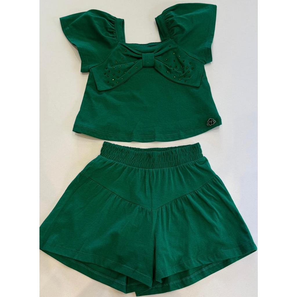 CONJUNTO INFANTIL MENINA MOMI | BLUSA LAÇO COM STRASS + SHORTS VERDE | CONFORTO & ESTILO  | TAMANHOS: 2,3,4,6,8