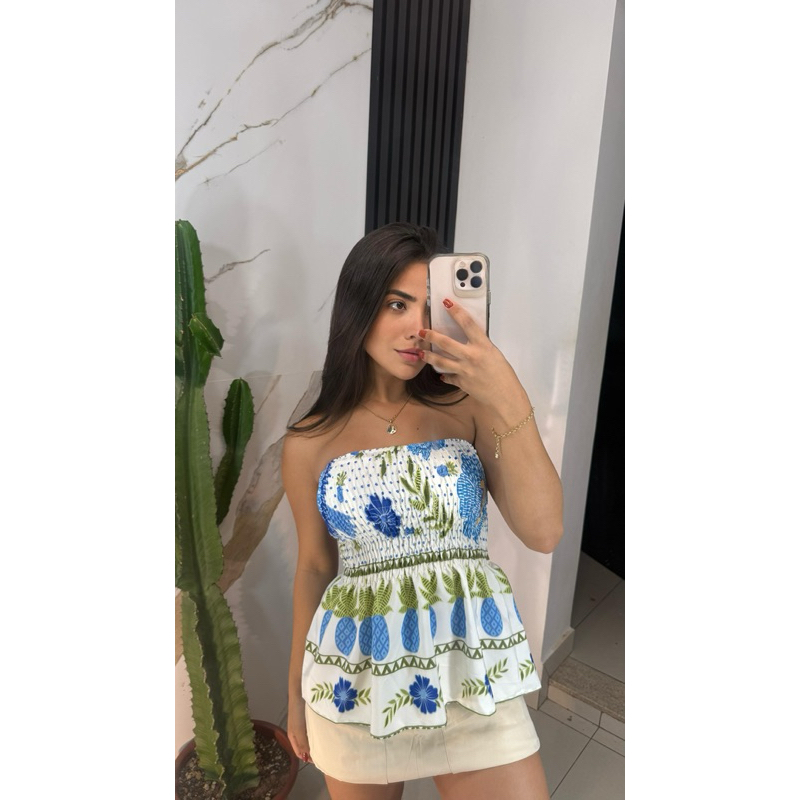 blusa Lastex Estampa Peplum Verão Badado Tomara Que Caia Sem Alça Moda Blogueira Cropped Estampado enviou em 24 horas