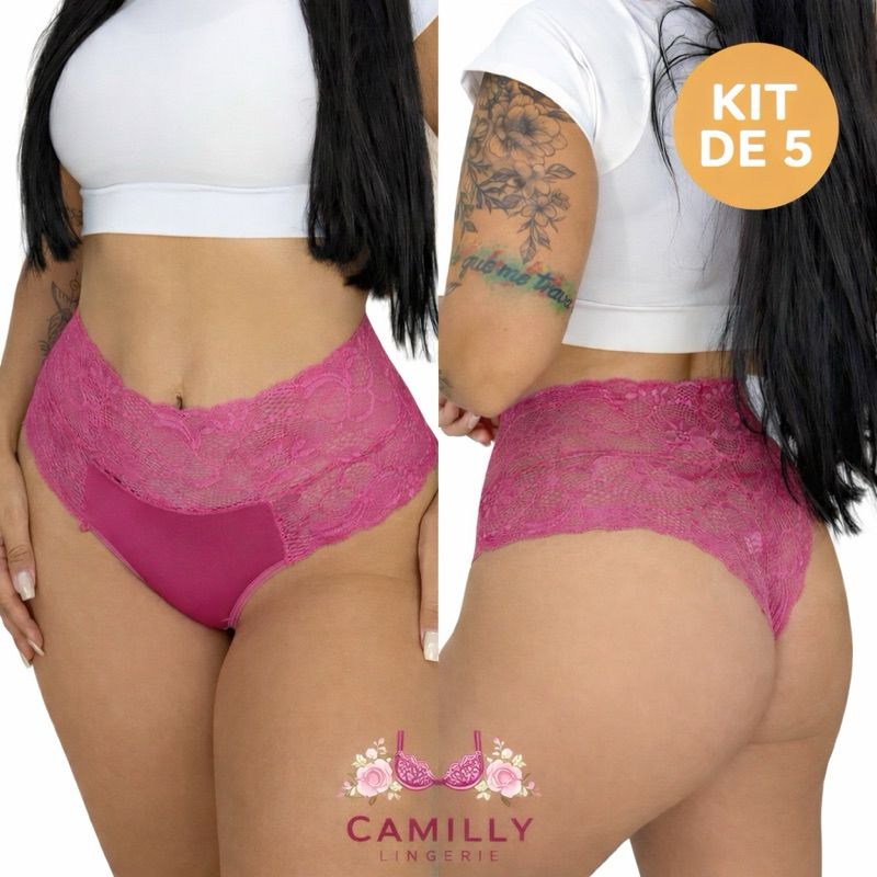 KIT 5 Calcinhas Marcella Conforto Cintura Alta de Renda Microfibra Luxo Lingerie Feminina Forro 100% algodão tanga em Oferta na Shopee