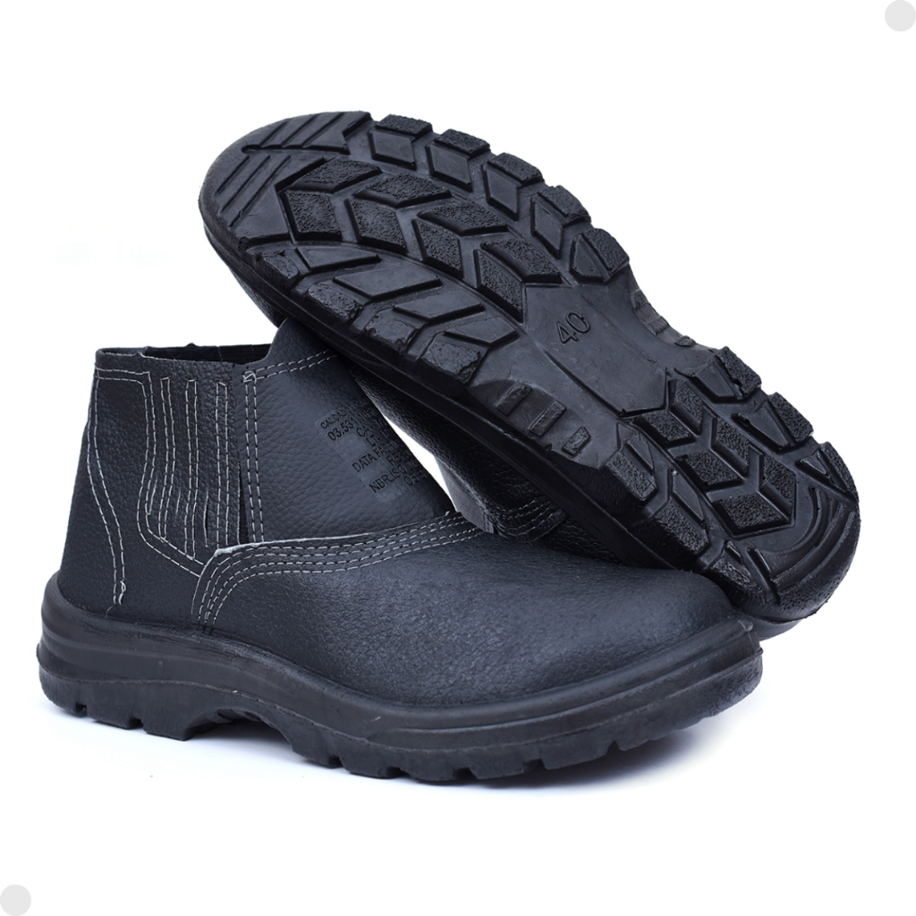 Bota de Segurança Preta Trabalho Couro Com C.a Biqueira PVC Coturno EPI Sola Borracha PU Botina