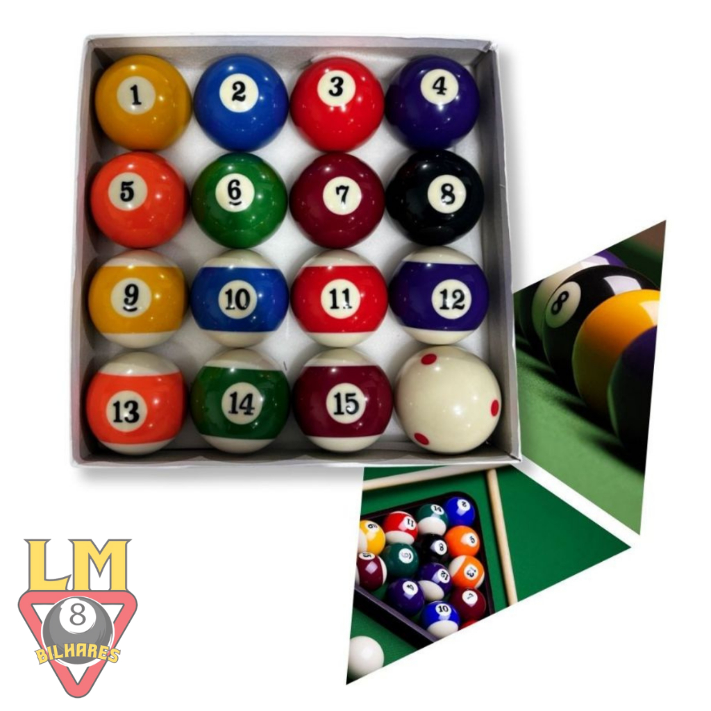 JOGO DE BOLA NUMERADA FAIXADA BILHAR SNOOKER SINUCA 50MM/54MM C/ BOLÃO DE TREINO E BRANCO