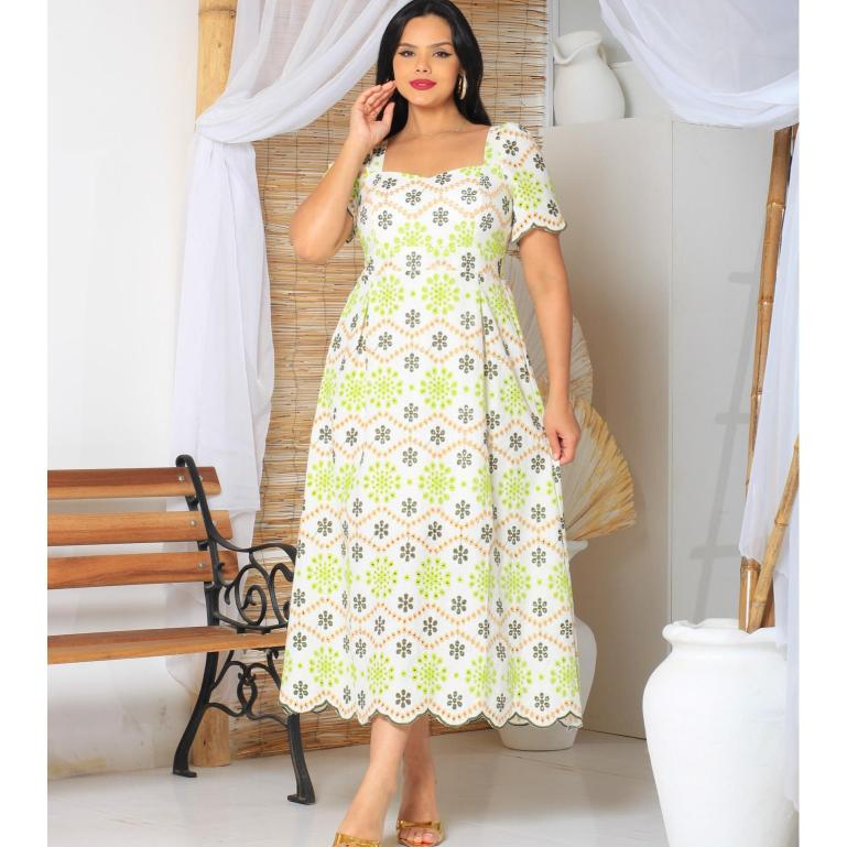 Vestido Midi Manga Curto Linho Bordado Barrado