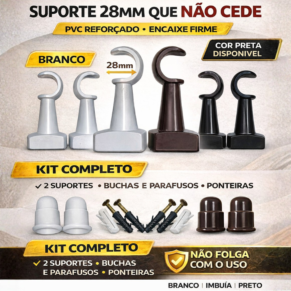 Suporte de Parede 28mm para Varão de Cortina em PVC – Sistema Fixação Estável™ em Oferta na Shopee