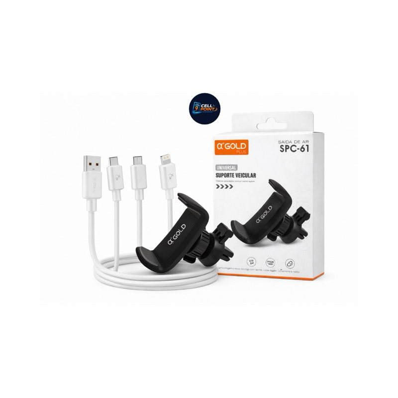 Kit com Suporte Universal para carro SPC-61 + Cabo Tipo C / V8 / Lightning | Carro ou Mesa